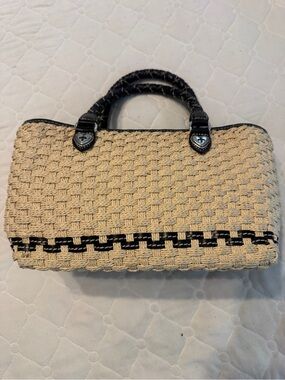 Brighton Beige Woven Straw Tote Bag with Black Trim